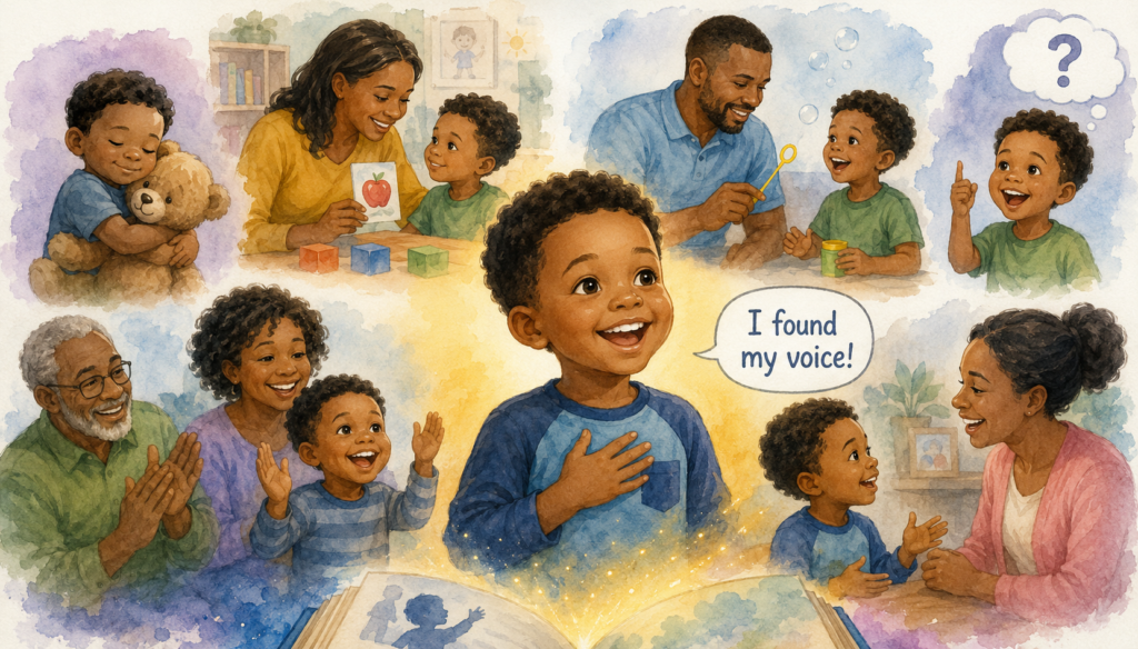 : Joyful Black boy learning to speak with his family's support.